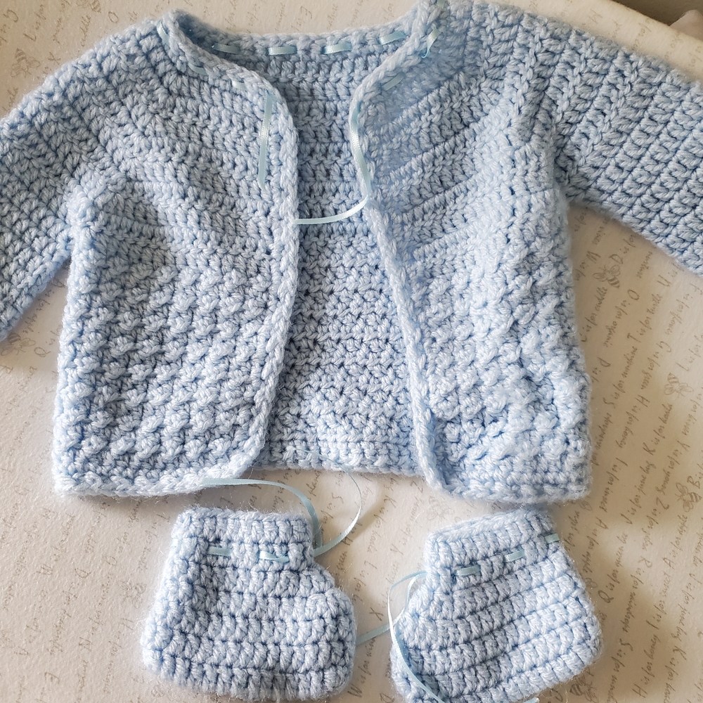 Handmade Baby Blue Crochet Cardigan and Booties Set